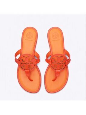 Tory Burch Orange Tumbled Leather Logo Miller Sandals Brand New Modern Resort